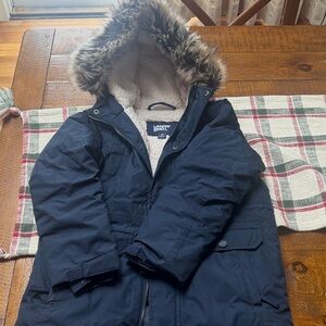 Lands' End Kids Dark Blue Puffer Coat with Faux Fur Trim
